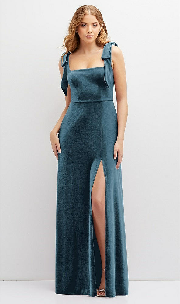 Front View - Dutch Blue Square Neck Velvet Maxi Dress with Bow Shoulders