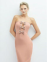 Alt View 1 Thumbnail - Pale Peach Rhinestone Bow Trimmed Peek-a-Boo Deep-V Midi Dress with Pencil Skirt