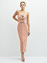 Front View Thumbnail - Pale Peach Rhinestone Bow Trimmed Peek-a-Boo Deep-V Midi Dress with Pencil Skirt