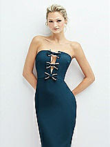 Alt View 1 Thumbnail - Atlantic Blue Rhinestone Bow Trimmed Peek-a-Boo Deep-V Midi Dress with Pencil Skirt