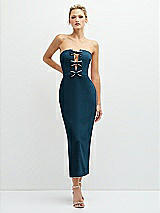 Front View Thumbnail - Atlantic Blue Rhinestone Bow Trimmed Peek-a-Boo Deep-V Midi Dress with Pencil Skirt