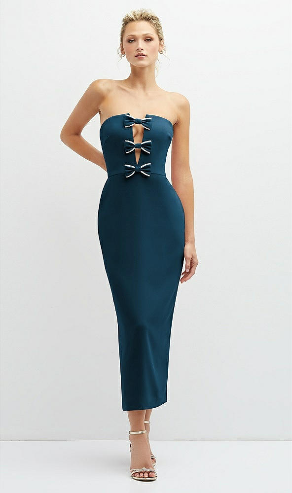 Front View - Atlantic Blue Rhinestone Bow Trimmed Peek-a-Boo Deep-V Midi Dress with Pencil Skirt