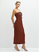 Side View Thumbnail - Auburn Moon Rhinestone Bow Trimmed Peek-a-Boo Deep-V Midi Dress with Pencil Skirt