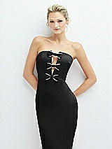 Alt View 1 Thumbnail - Black Rhinestone Bow Trimmed Peek-a-Boo Deep-V Midi Dress with Pencil Skirt