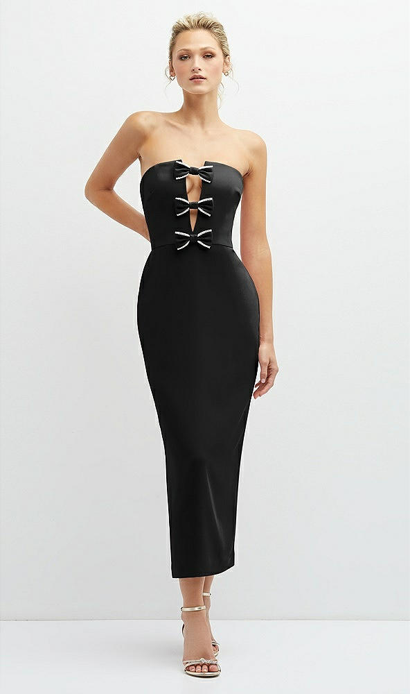 Front View - Black Rhinestone Bow Trimmed Peek-a-Boo Deep-V Midi Dress with Pencil Skirt