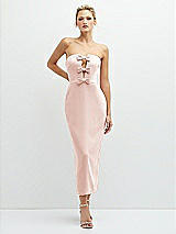 Front View Thumbnail - Blush Rhinestone Bow Trimmed Peek-a-Boo Deep-V Midi Dress with Pencil Skirt