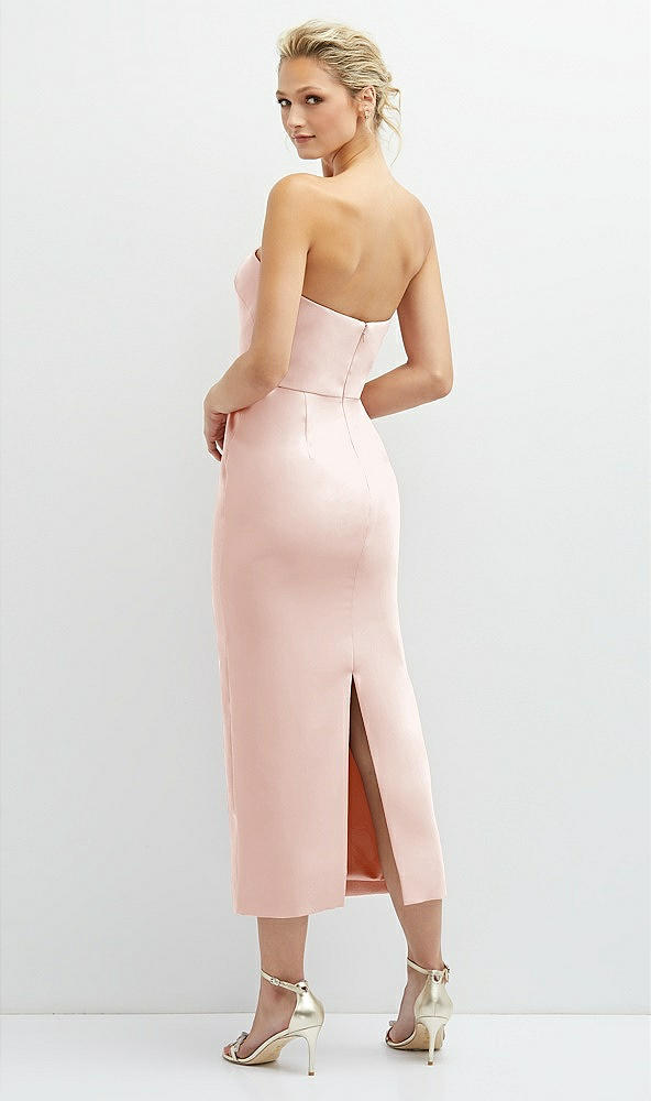 Back View - Blush Rhinestone Bow Trimmed Peek-a-Boo Deep-V Midi Dress with Pencil Skirt