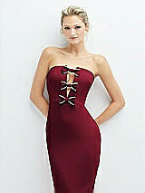 Alt View 1 Thumbnail - Burgundy Rhinestone Bow Trimmed Peek-a-Boo Deep-V Midi Dress with Pencil Skirt