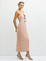 Side View Thumbnail - Cameo Rhinestone Bow Trimmed Peek-a-Boo Deep-V Midi Dress with Pencil Skirt