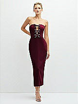 Front View Thumbnail - Cabernet Rhinestone Bow Trimmed Peek-a-Boo Deep-V Midi Dress with Pencil Skirt