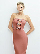 Alt View 1 Thumbnail - Desert Rose Rhinestone Bow Trimmed Peek-a-Boo Deep-V Midi Dress with Pencil Skirt