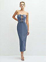 Front View Thumbnail - Larkspur Blue Rhinestone Bow Trimmed Peek-a-Boo Deep-V Midi Dress with Pencil Skirt