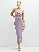 Front View Thumbnail - Lilac Haze Rhinestone Bow Trimmed Peek-a-Boo Deep-V Midi Dress with Pencil Skirt