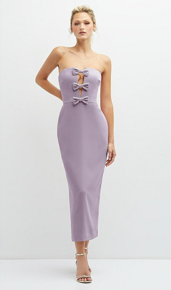 Front View - Lilac Haze Rhinestone Bow Trimmed Peek-a-Boo Deep-V Midi Dress with Pencil Skirt