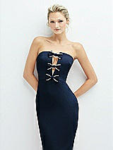 Alt View 1 Thumbnail - Midnight Navy Rhinestone Bow Trimmed Peek-a-Boo Deep-V Midi Dress with Pencil Skirt