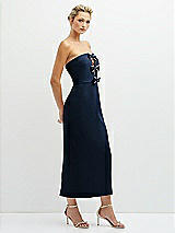 Side View Thumbnail - Midnight Navy Rhinestone Bow Trimmed Peek-a-Boo Deep-V Midi Dress with Pencil Skirt