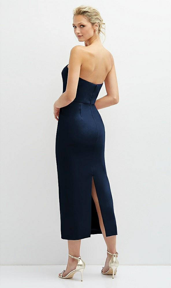 Back View - Midnight Navy Rhinestone Bow Trimmed Peek-a-Boo Deep-V Midi Dress with Pencil Skirt