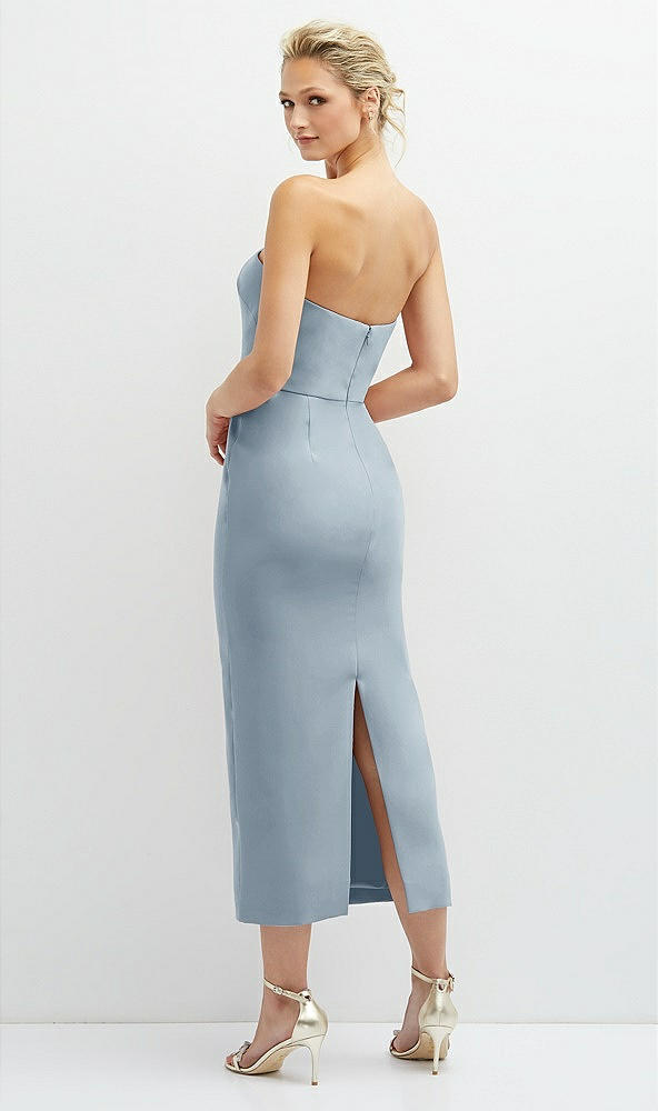 Back View - Mist Rhinestone Bow Trimmed Peek-a-Boo Deep-V Midi Dress with Pencil Skirt