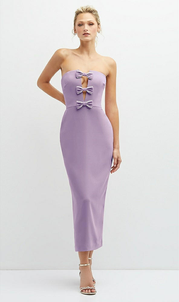 Front View - Pale Purple Rhinestone Bow Trimmed Peek-a-Boo Deep-V Midi Dress with Pencil Skirt