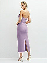 Rear View Thumbnail - Pale Purple Rhinestone Bow Trimmed Peek-a-Boo Deep-V Midi Dress with Pencil Skirt