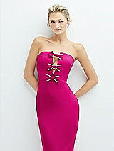 Alt View 1 Thumbnail - Think Pink Rhinestone Bow Trimmed Peek-a-Boo Deep-V Midi Dress with Pencil Skirt