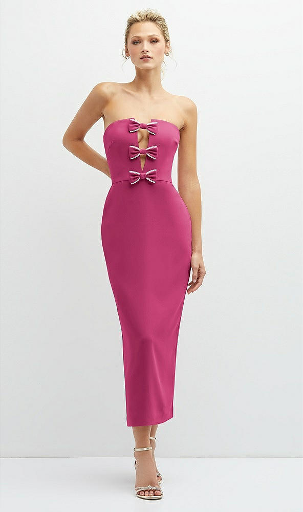 Front View - Tea Rose Rhinestone Bow Trimmed Peek-a-Boo Deep-V Midi Dress with Pencil Skirt