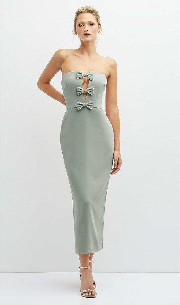 Front View - Willow Green Rhinestone Bow Trimmed Peek-a-Boo Deep-V Midi Dress with Pencil Skirt