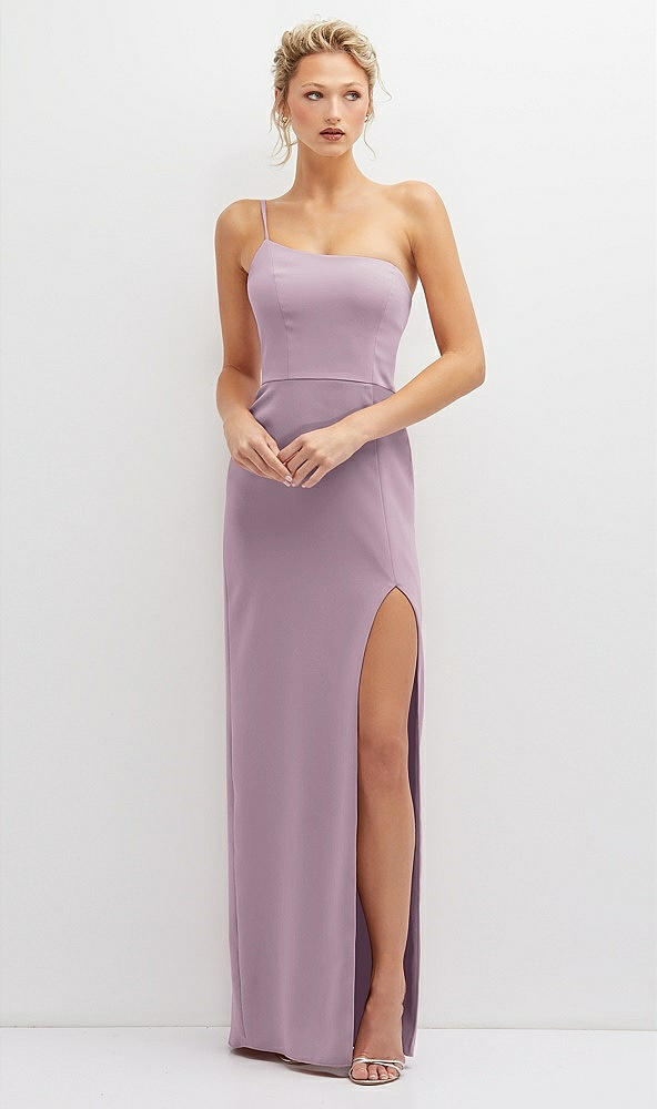 Front View - Suede Rose Sleek One-Shoulder Crepe Column Dress with Cut-Away Slit