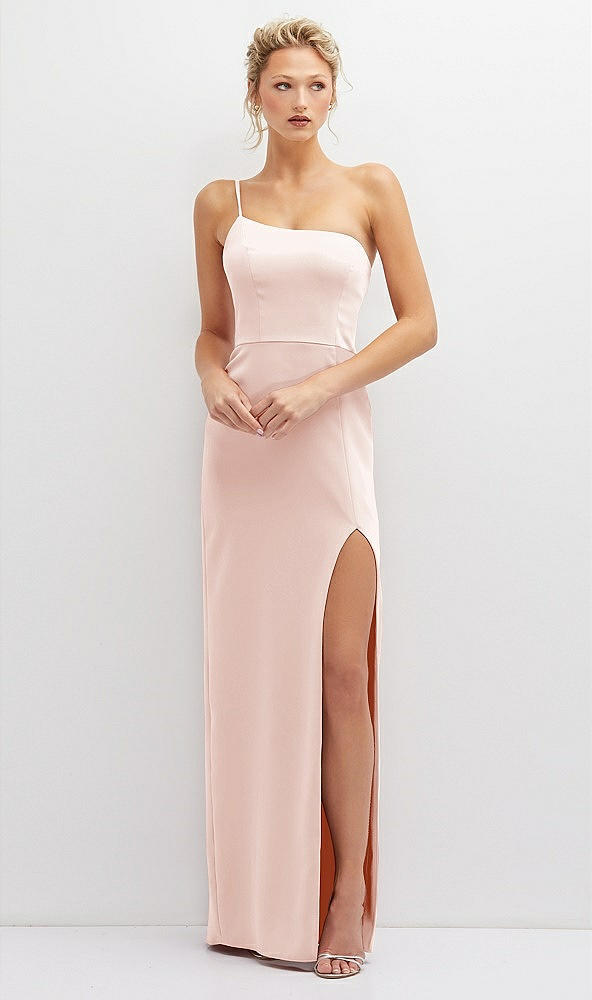 Front View - Blush Sleek One-Shoulder Crepe Column Dress with Cut-Away Slit