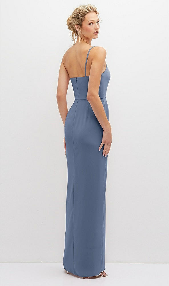 Back View - Larkspur Blue Sleek One-Shoulder Crepe Column Dress with Cut-Away Slit