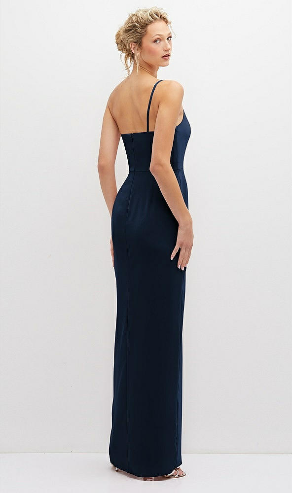 Back View - Midnight Navy Sleek One-Shoulder Crepe Column Dress with Cut-Away Slit