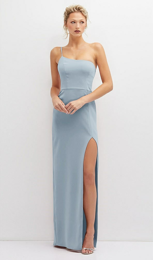 Front View - Mist Sleek One-Shoulder Crepe Column Dress with Cut-Away Slit