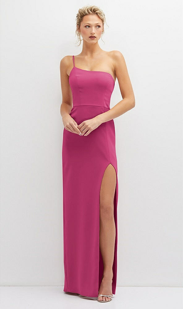 Front View - Tea Rose Sleek One-Shoulder Crepe Column Dress with Cut-Away Slit