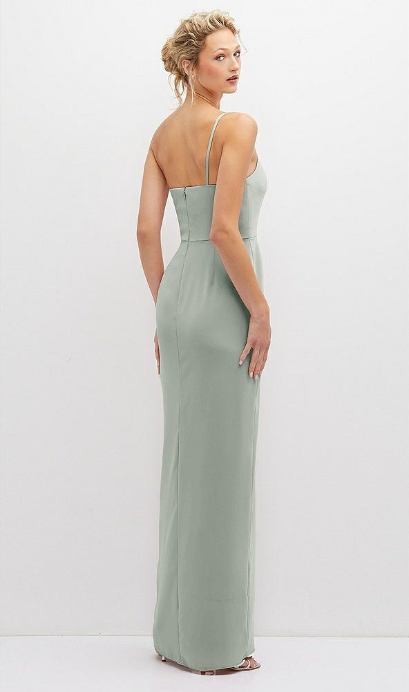 Back View - Willow Green Sleek One-Shoulder Crepe Column Dress with Cut-Away Slit