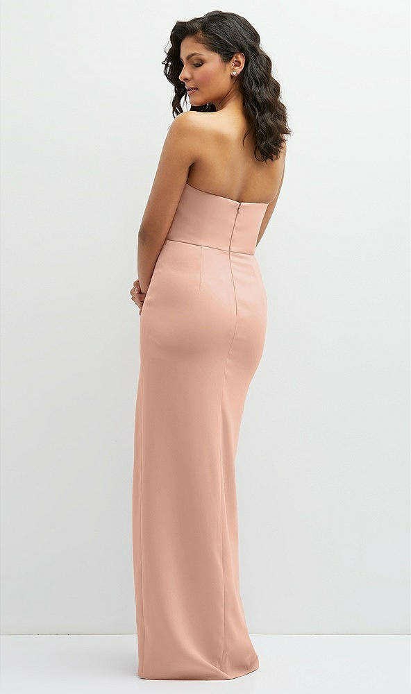 Back View - Pale Peach Sleek Strapless Crepe Column Dress with Cut-Away Slit