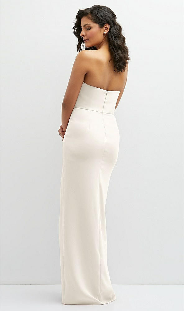 Back View - Ivory Sleek Strapless Crepe Column Dress with Cut-Away Slit