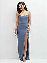 Front View Thumbnail - Larkspur Blue Sleek Strapless Crepe Column Dress with Cut-Away Slit