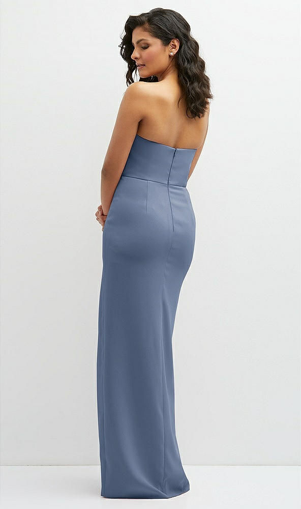 Back View - Larkspur Blue Sleek Strapless Crepe Column Dress with Cut-Away Slit