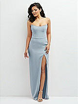 Front View Thumbnail - Mist Sleek Strapless Crepe Column Dress with Cut-Away Slit