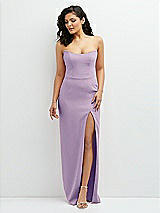 Front View Thumbnail - Pale Purple Sleek Strapless Crepe Column Dress with Cut-Away Slit