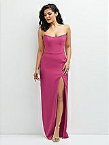 Front View Thumbnail - Tea Rose Sleek Strapless Crepe Column Dress with Cut-Away Slit