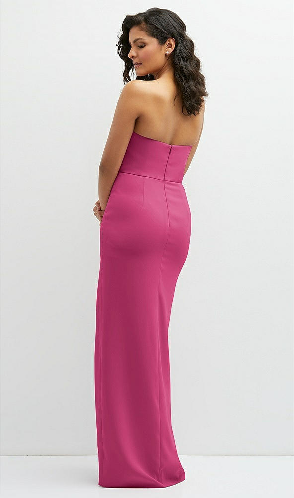 Back View - Tea Rose Sleek Strapless Crepe Column Dress with Cut-Away Slit