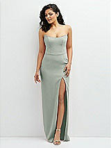 Front View Thumbnail - Willow Green Sleek Strapless Crepe Column Dress with Cut-Away Slit