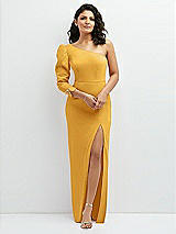 Front View Thumbnail - NYC Yellow 3/4 Puff Sleeve One-shoulder Maxi Dress with Rhinestone Bow Detail