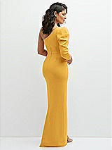 Rear View Thumbnail - NYC Yellow 3/4 Puff Sleeve One-shoulder Maxi Dress with Rhinestone Bow Detail