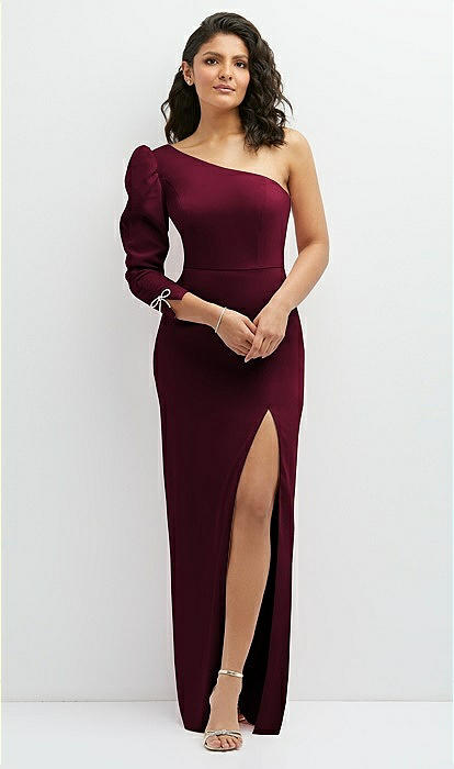 3/4 Puff Sleeve One-shoulder Maxi Bridesmaid Dress With Rhinestone Bow  Detail In Cabernet | The Dessy Group