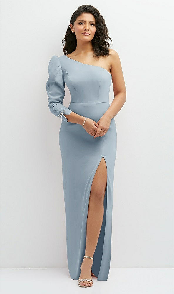 Front View - Mist 3/4 Puff Sleeve One-shoulder Maxi Dress with Rhinestone Bow Detail