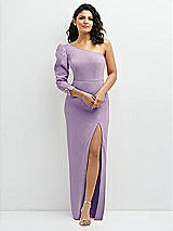 Front View Thumbnail - Pale Purple 3/4 Puff Sleeve One-shoulder Maxi Dress with Rhinestone Bow Detail