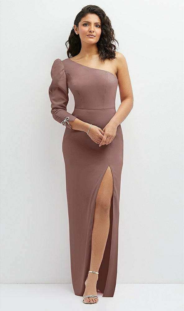 Front View - Sienna 3/4 Puff Sleeve One-shoulder Maxi Dress with Rhinestone Bow Detail