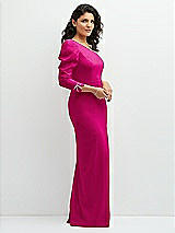 Side View Thumbnail - Think Pink 3/4 Puff Sleeve One-shoulder Maxi Dress with Rhinestone Bow Detail